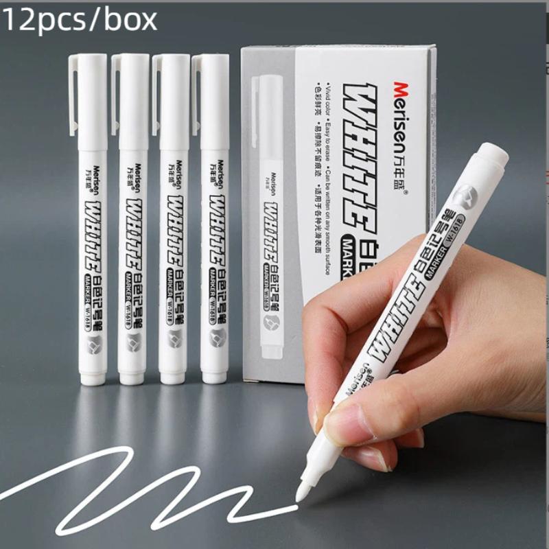 Box Art And Craft - ปากกาเมจิกสีขาวถาวร 12 ชิ้น/กล่อง พร้อมหมึกทึบแสงแห้งเร็ว หัวปากกาเรียบลื่น สำหรับงานศิลปะ